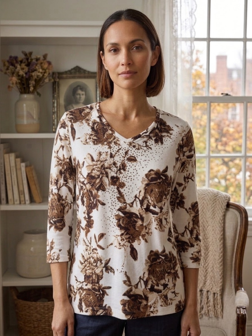 Alia White bronze brown Tunic Floral Print and metallic accents Sz L Petite